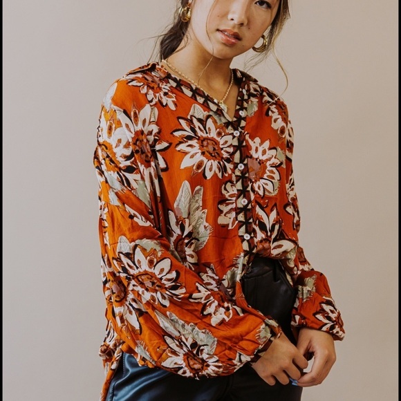 Free People Floral Button Down Shirt - Orange and White - Picture 16 of 16